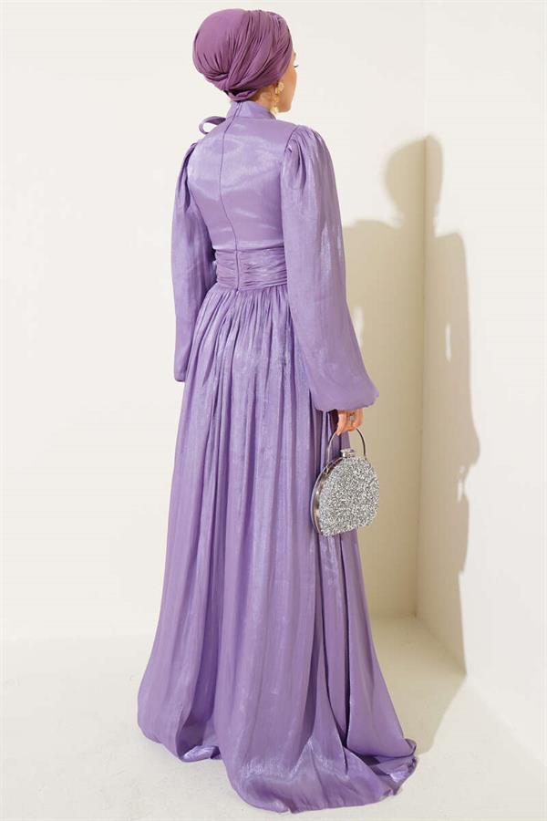Self-Neck Belted Evening Dress Lilac