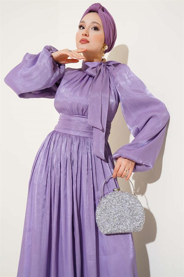 Self-Neck Belted Evening Dress Lilac