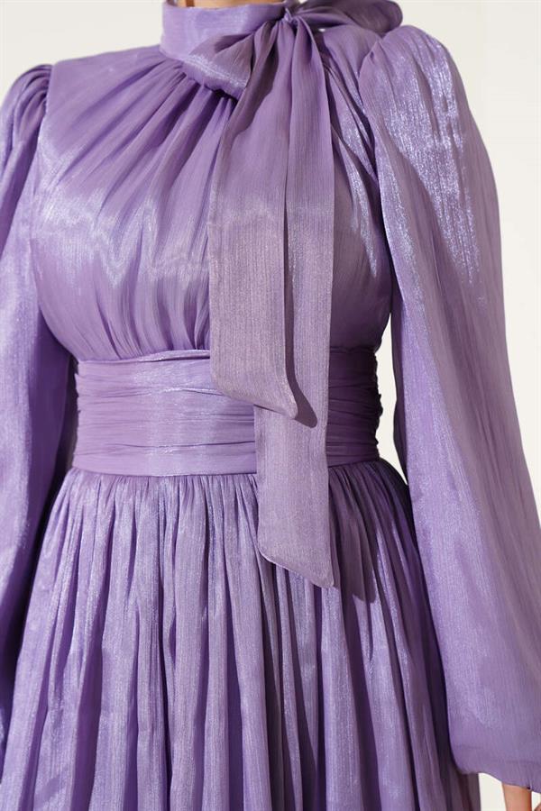 Self-Neck Belted Evening Dress Lilac