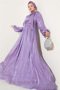 Self-Neck Belted Evening Dress Lilac