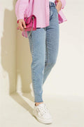 Cut Leg Distressed Mom Jeans Trousers Snow Wash