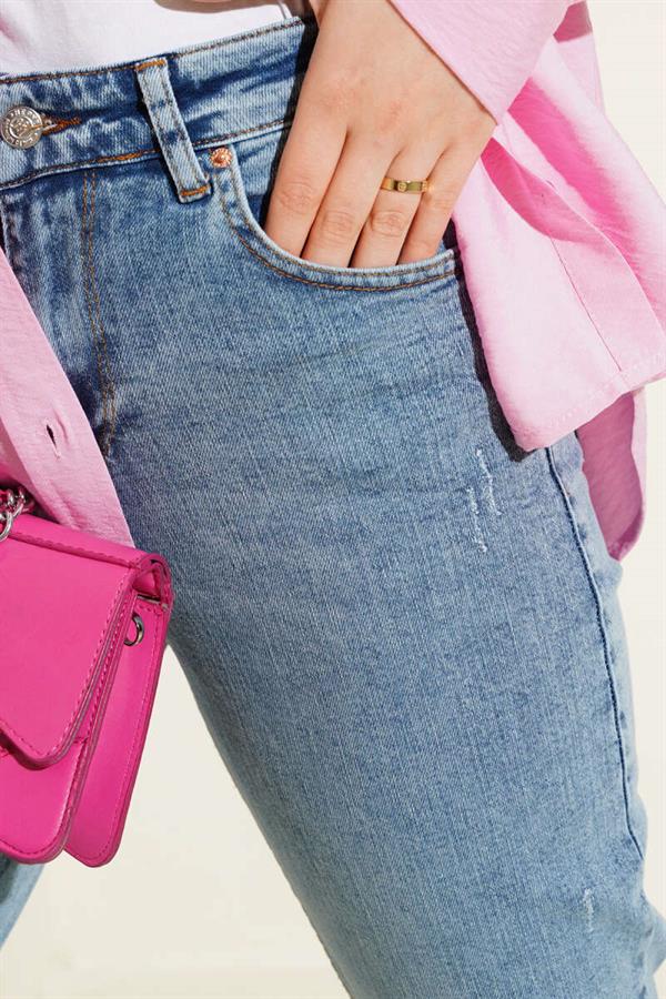 Cut Leg Distressed Mom Jeans Trousers Snow Wash