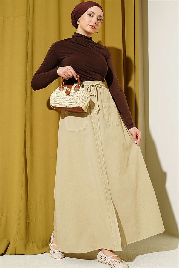 Linen Double Pocket Skirt, Beige