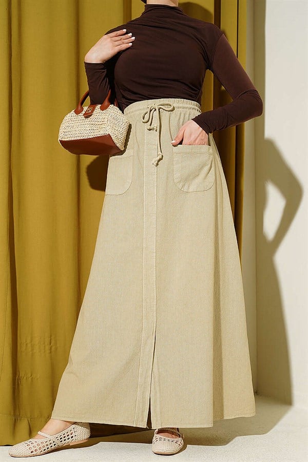 Linen Double Pocket Skirt, Beige