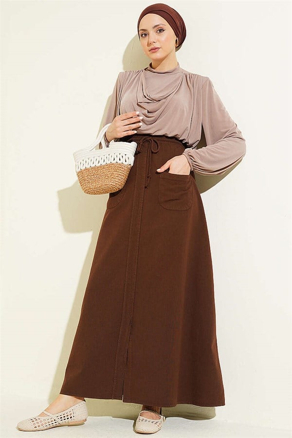 Linen Double Pocket Skirt, Brown