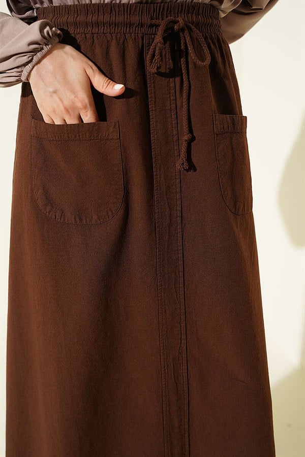 Linen Double Pocket Skirt, Brown