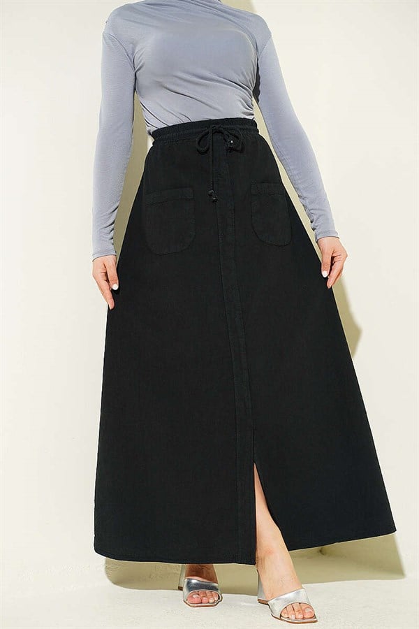 Linen Double Pocket Skirt Black
