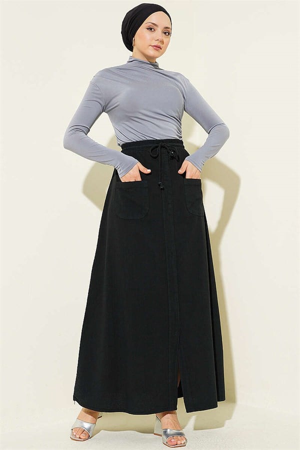 Linen Double Pocket Skirt Black