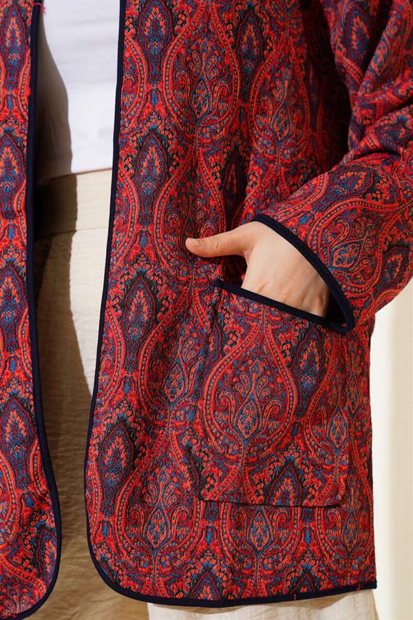 Kilim Patterned Double Pocket Jacket Burgundy