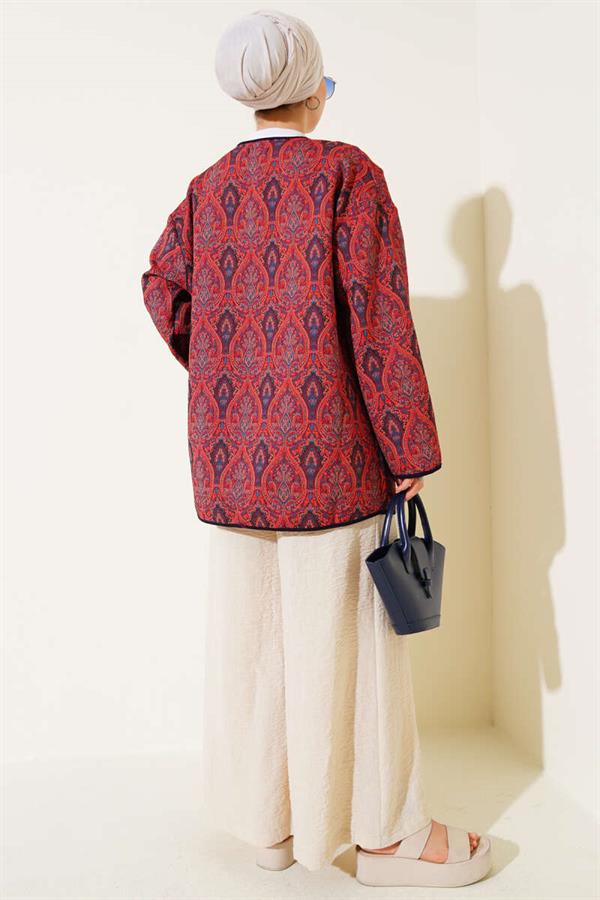 Kilim Patterned Double Pocket Jacket Burgundy