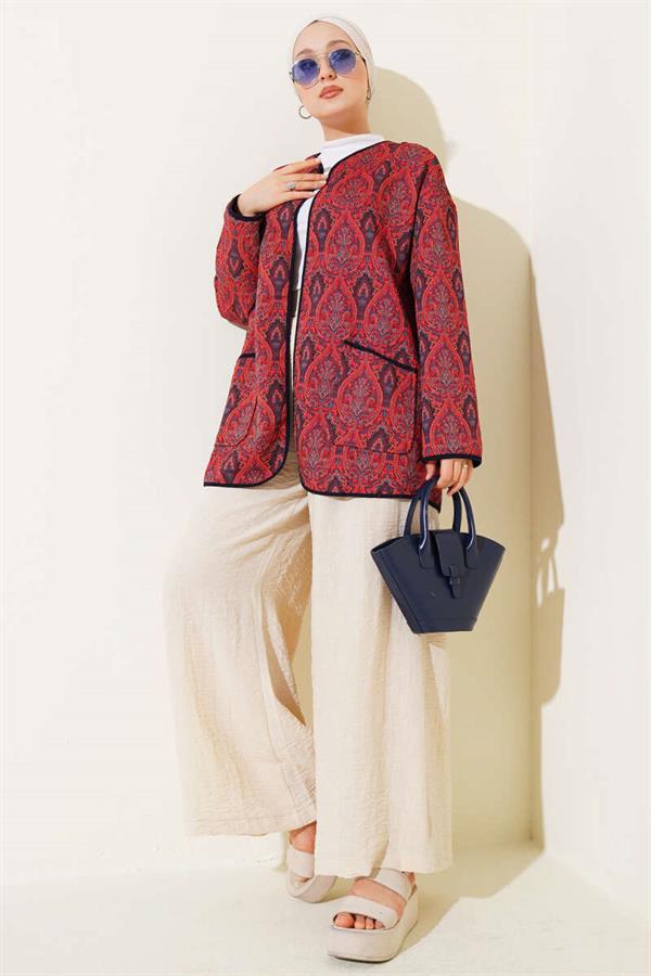Kilim Patterned Double Pocket Jacket Burgundy