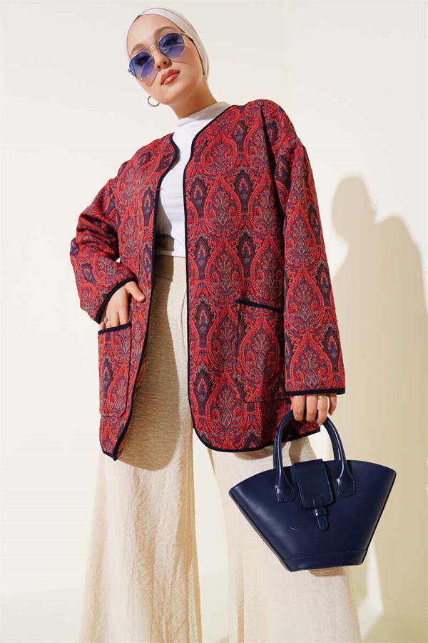 Kilim Patterned Double Pocket Jacket Burgundy