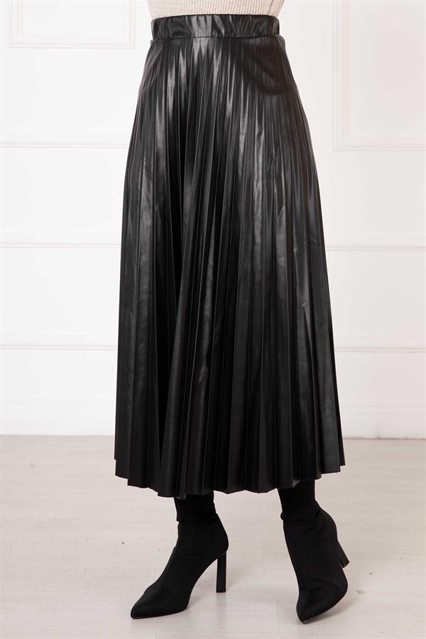 Kiloş Pleated Leather Skirt Black