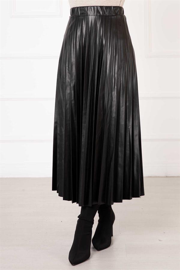 Kiloş Pleated Leather Skirt Black