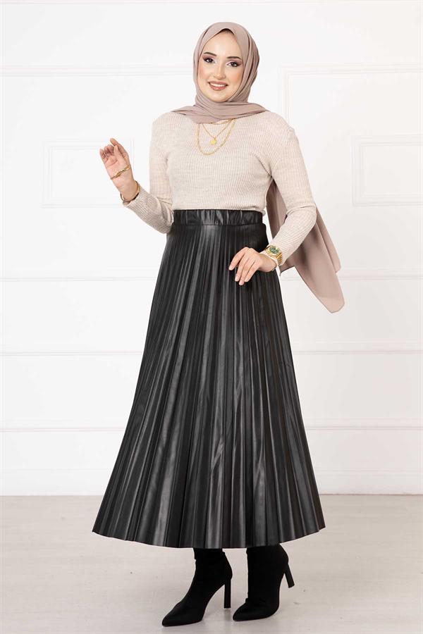 Kiloş Pleated Leather Skirt Black