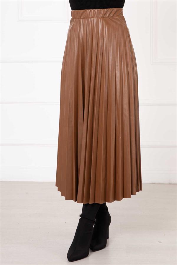 Kiloş Pleated Leather Skirt Tan