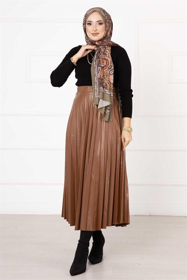 Kiloş Pleated Leather Skirt Tan