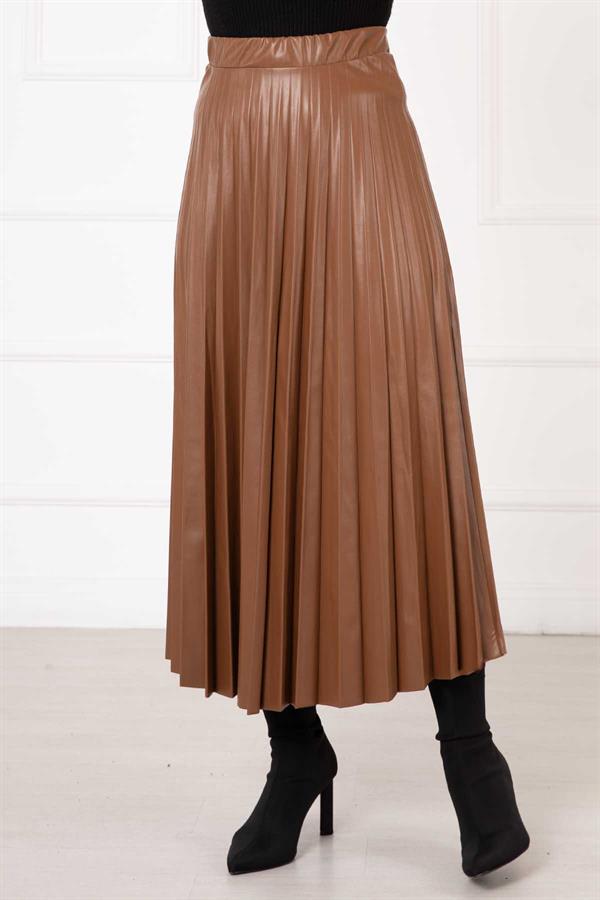 Kiloş Pleated Leather Skirt Tan