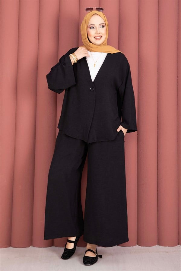 Loose-fitting summer hijab set with kimono, black.