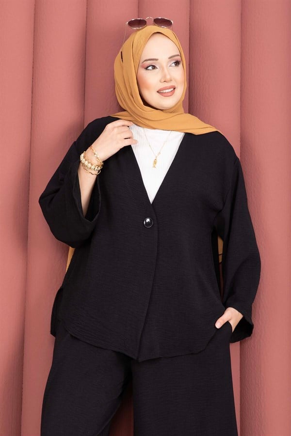 Loose-fitting summer hijab set with kimono, black.