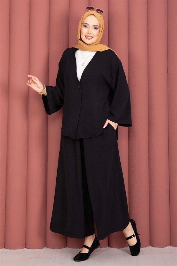 Loose-fitting summer hijab set with kimono, black.