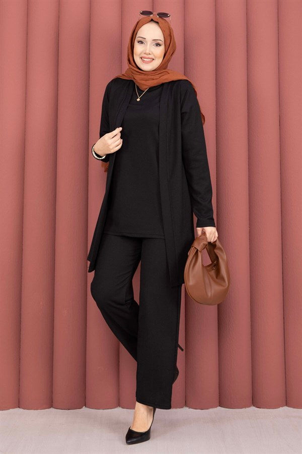 Kimono-Style Hijab 3 Piece Set, Black