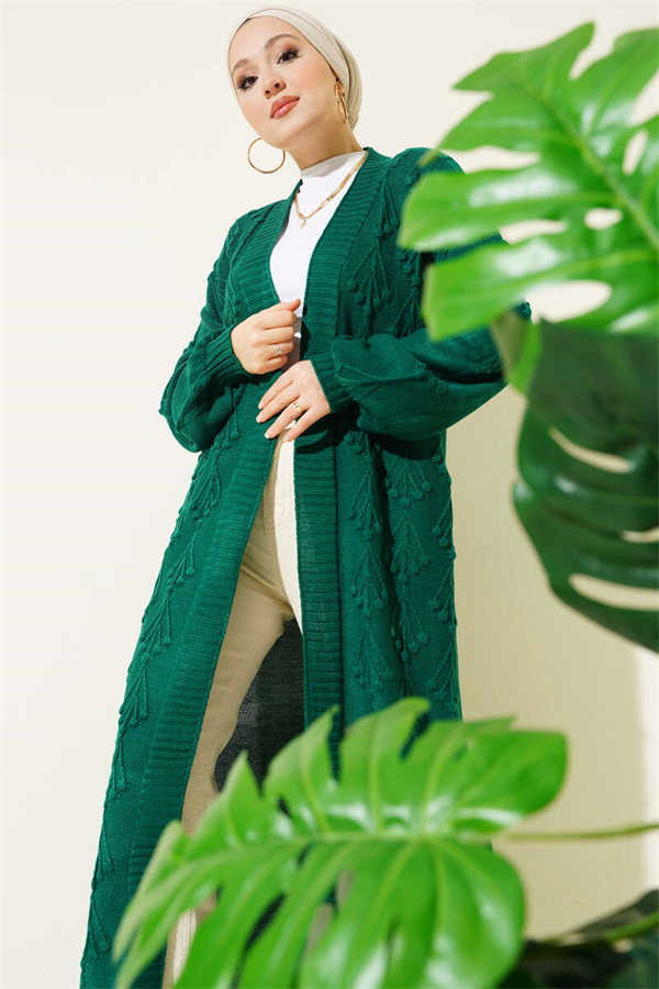 Cherry Embossed Long Knit Cardigan Emerald