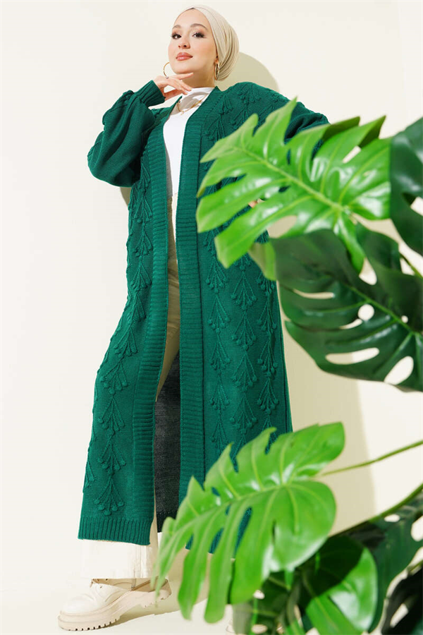 Cherry Embossed Long Knit Cardigan Emerald
