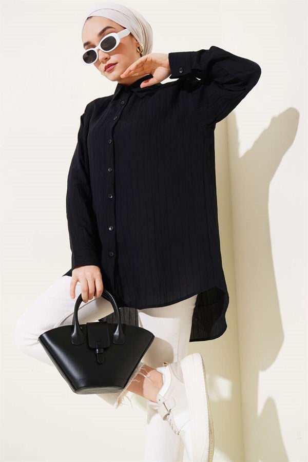 Wrinkled Striped Shirt Black