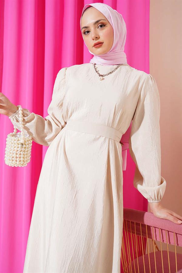 Crinkle Texture Belted Dress Beige