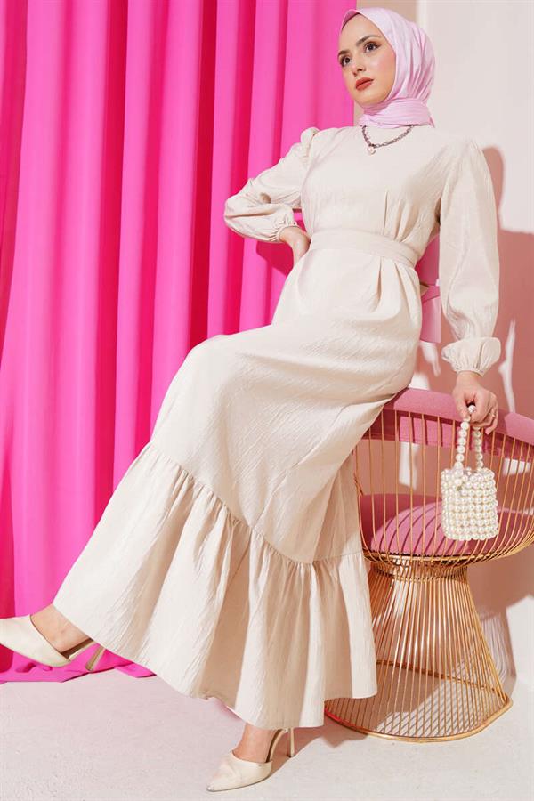 Crinkle Texture Belted Dress Beige