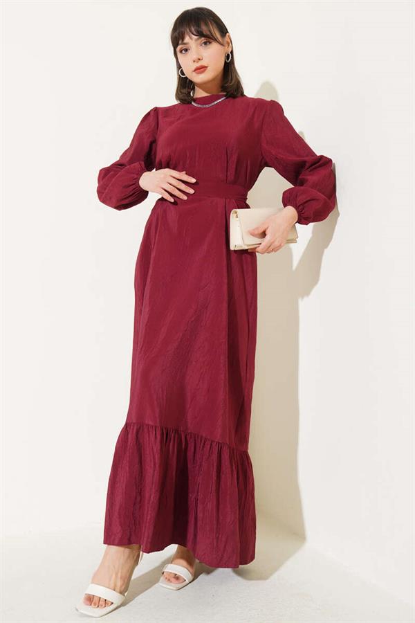 Crinkle Texture Belted Dress Burgundy