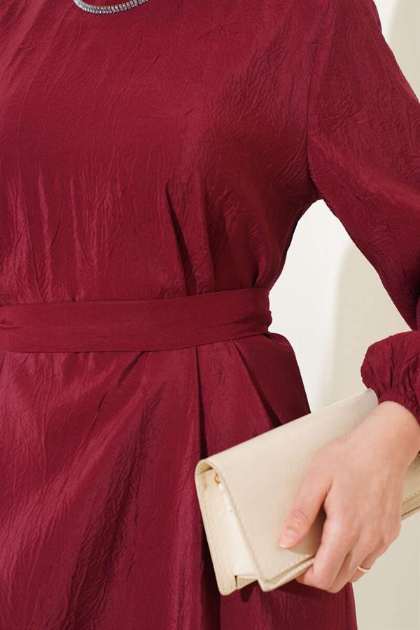 Crinkle Texture Belted Dress Burgundy