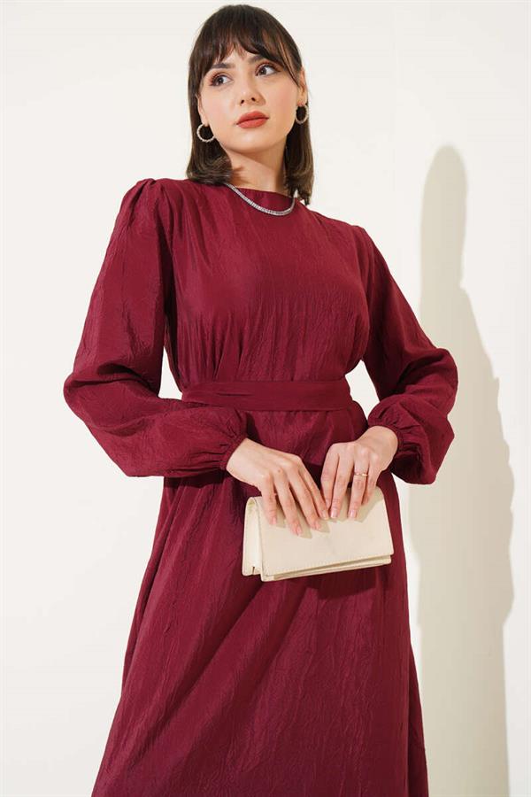Crinkle Texture Belted Dress Burgundy
