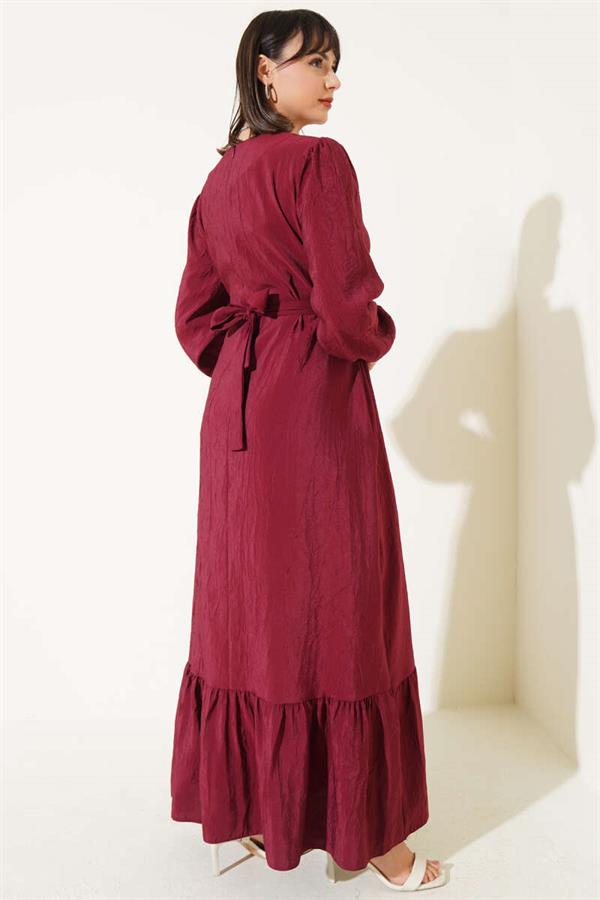 Crinkle Texture Belted Dress Burgundy