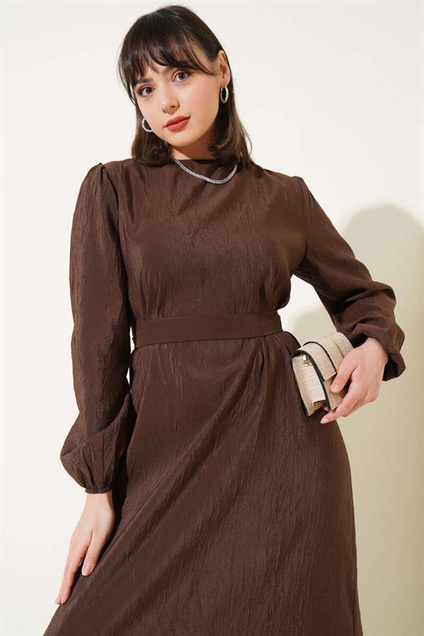 Crinkle Texture Belted Dress Brown