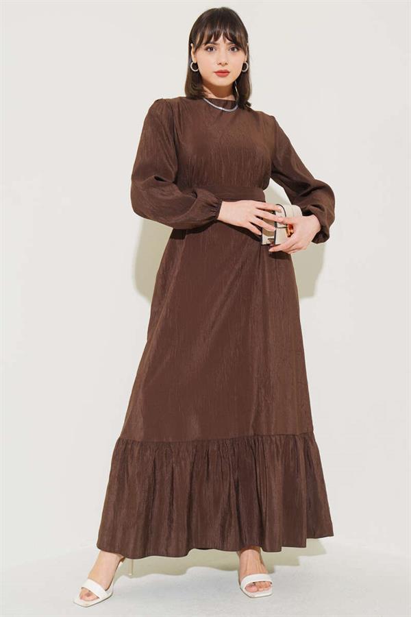 Crinkle Texture Belted Dress Brown