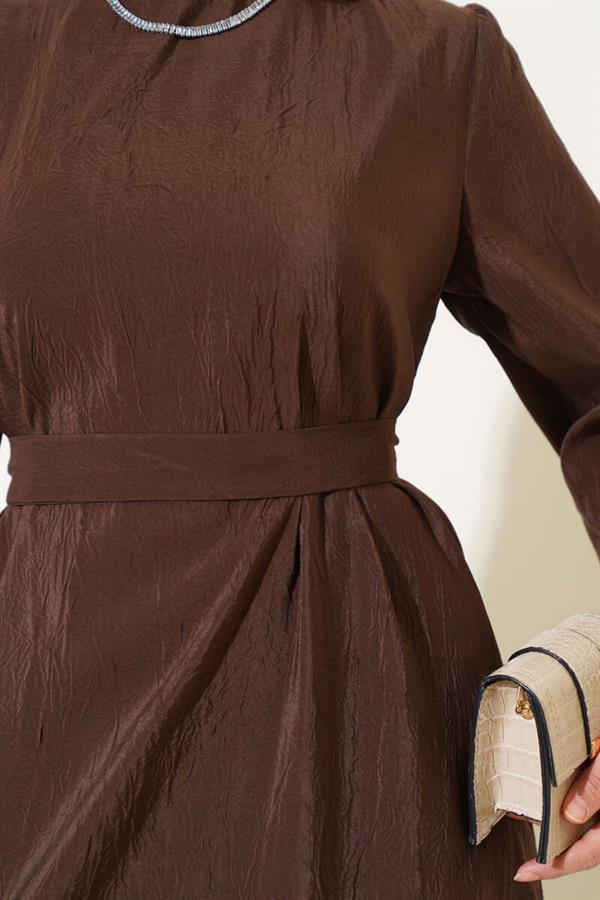 Crinkle Texture Belted Dress Brown