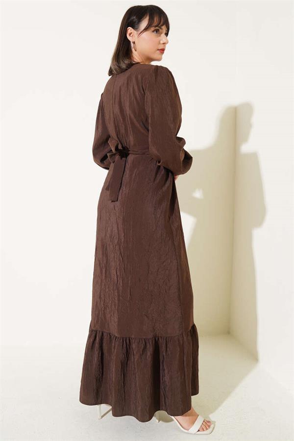Crinkle Texture Belted Dress Brown