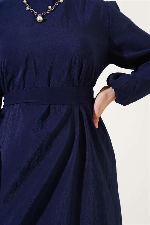 Crinkle Texture Belted Dress Navy Blue