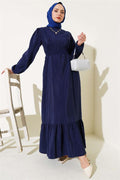 Crinkle Texture Belted Dress Navy Blue