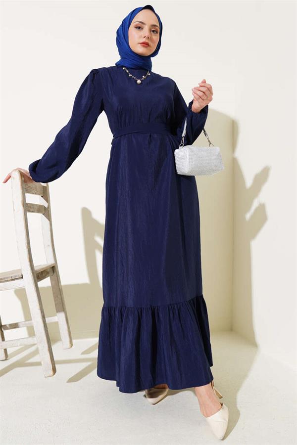Crinkle Texture Belted Dress Navy Blue