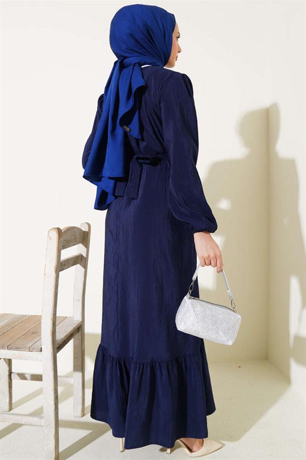 Crinkle Texture Belted Dress Navy Blue