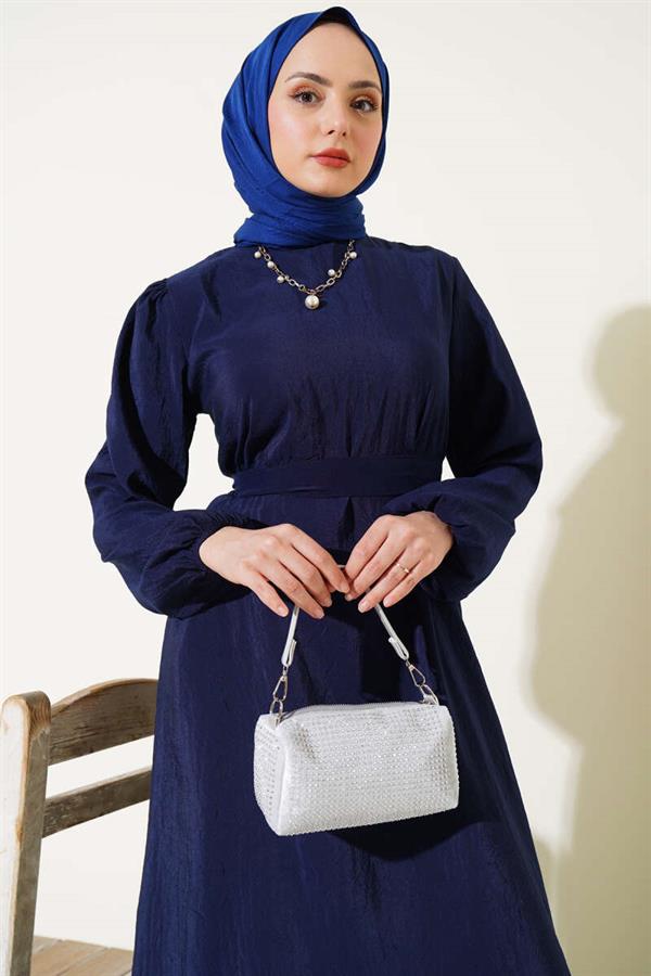 Crinkle Texture Belted Dress Navy Blue