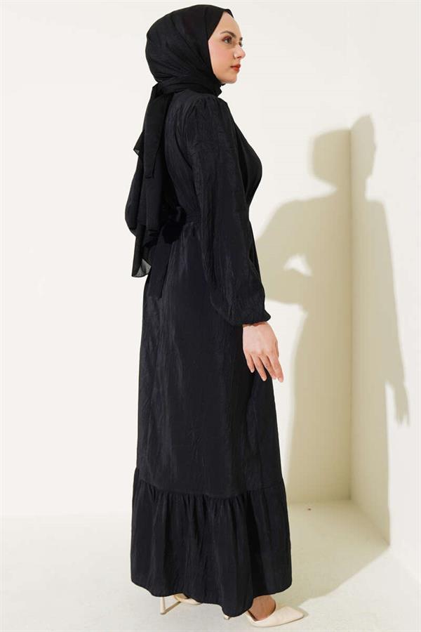 Crinkle Texture Belted Dress Black
