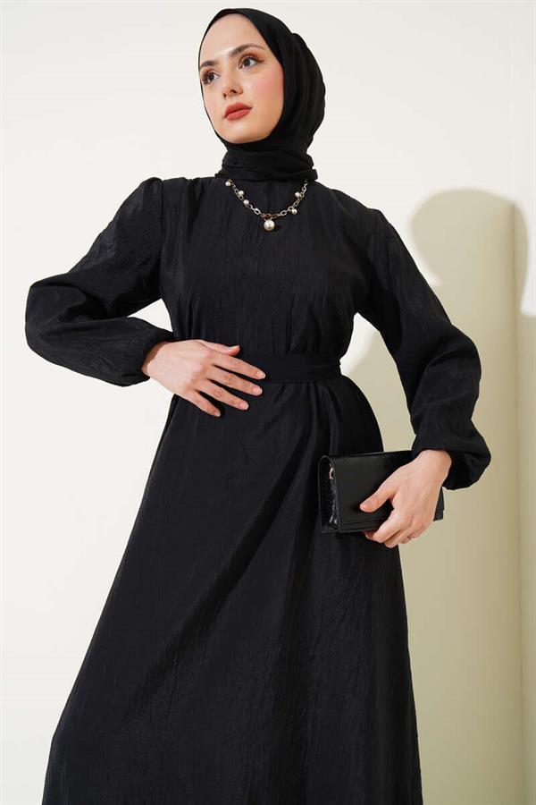Crinkle Texture Belted Dress Black