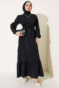 Crinkle Texture Belted Dress Black