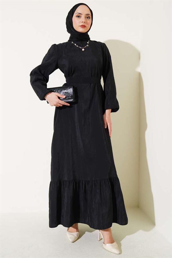 Crinkle Texture Belted Dress Black