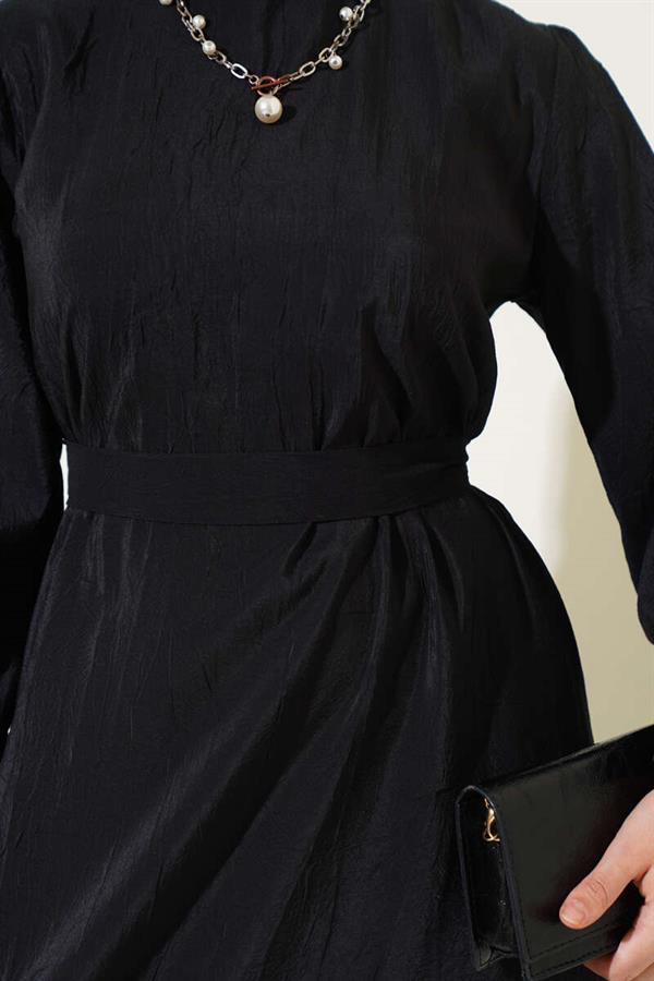 Crinkle Texture Belted Dress Black