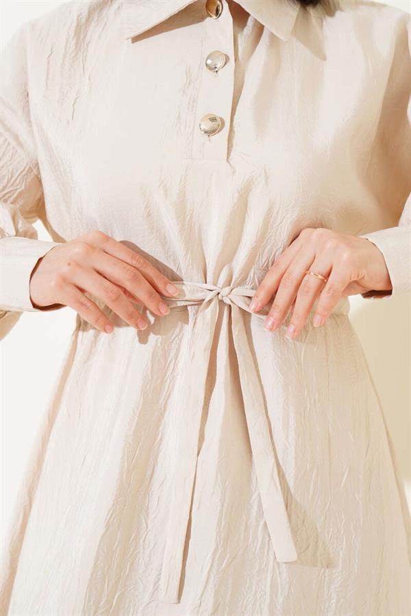 Crinkle Texture Half Button Dress Beige